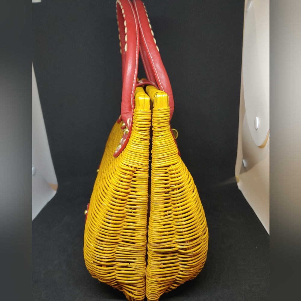 Wicker Handbag Red Straps Material Lining - image 5